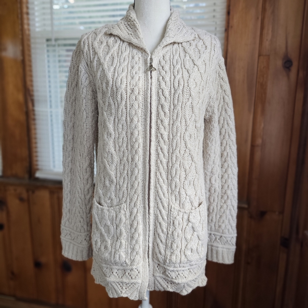 Inis Crafts chunky fisherman knit cardigan sweater beige 100% merino wool medium